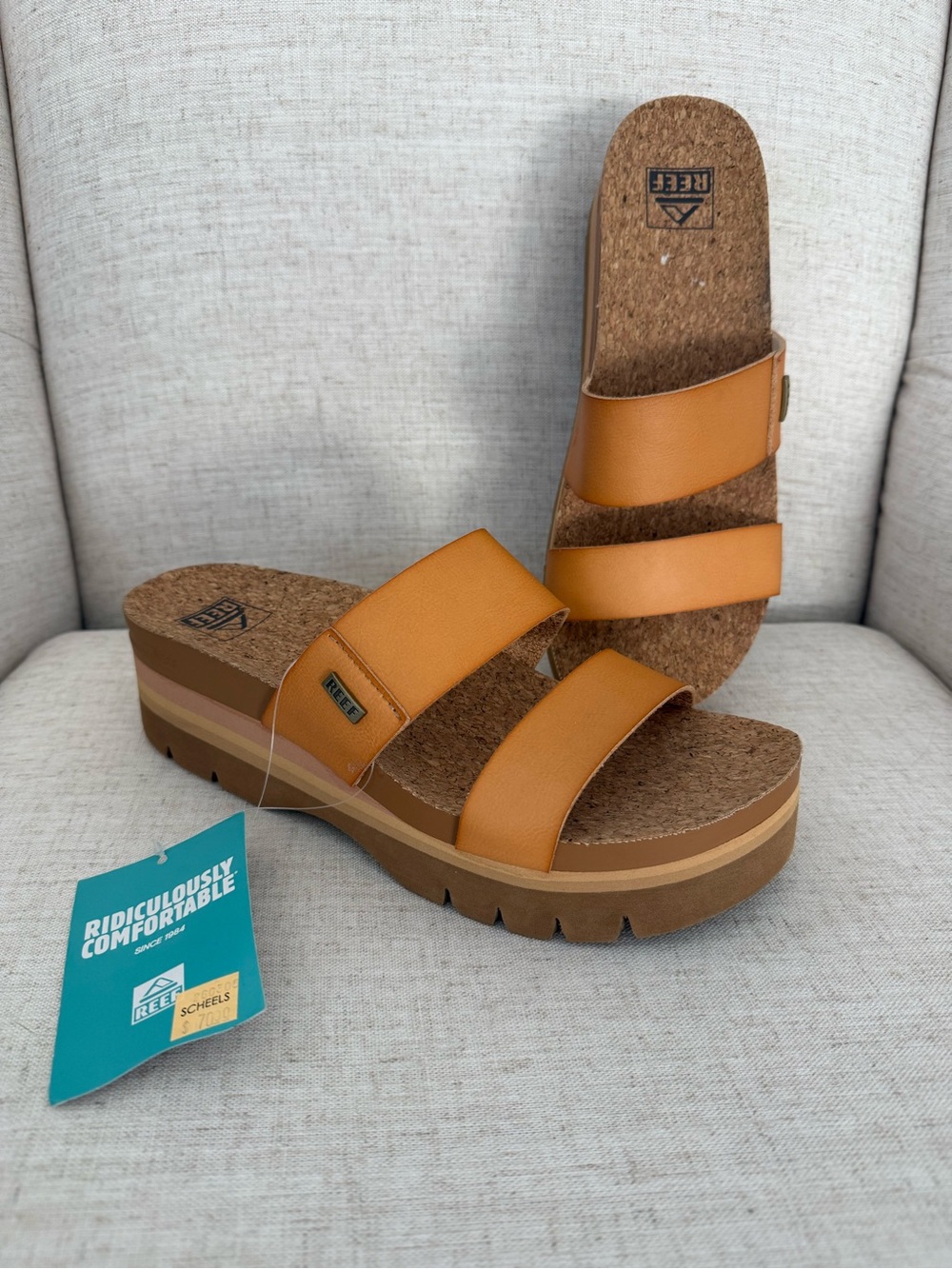 REEF Cushion Vista Hi 2.5 Platform Slide Sandals Natural Womens 9 NEW Cork Tan